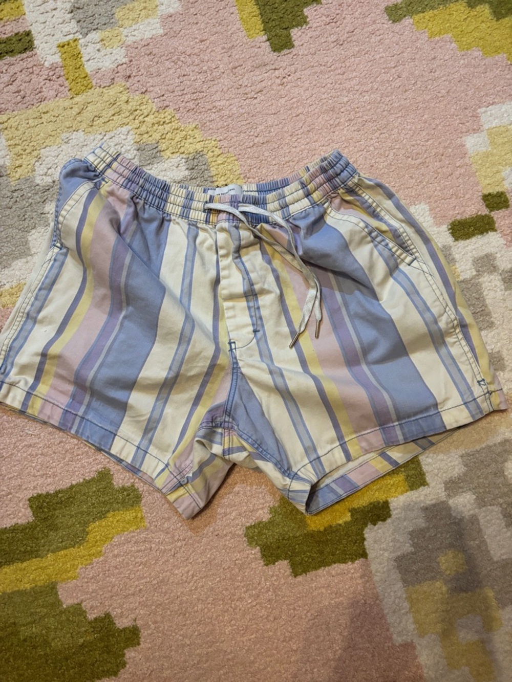 Urban Outfitters Pastel Stripe Drawstring Athletic Shorts - Blue, Yellow & Cream